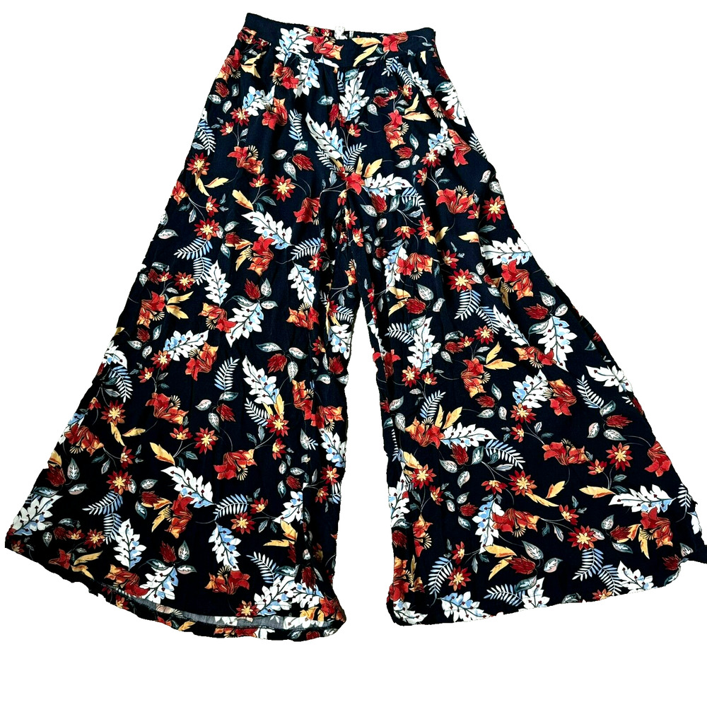 JAASE Small Navy Blue Orange Floral Print Wide Leg Boho Bell Bottom Palazzo Pant